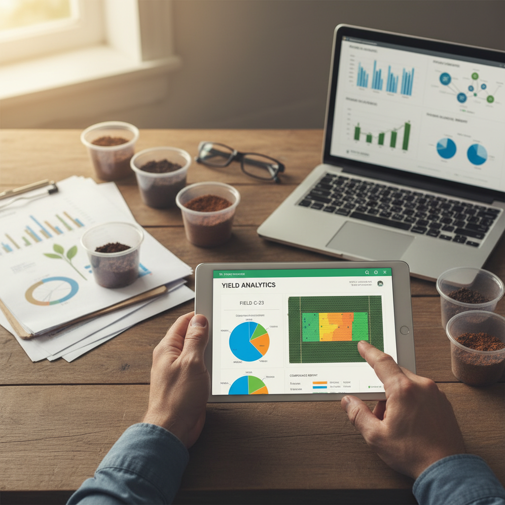 Farmer reviewing crop management software on tablet at wooden desk with charts and reports Farmer reviewing crop management software on tablet at wooden desk with charts and reports