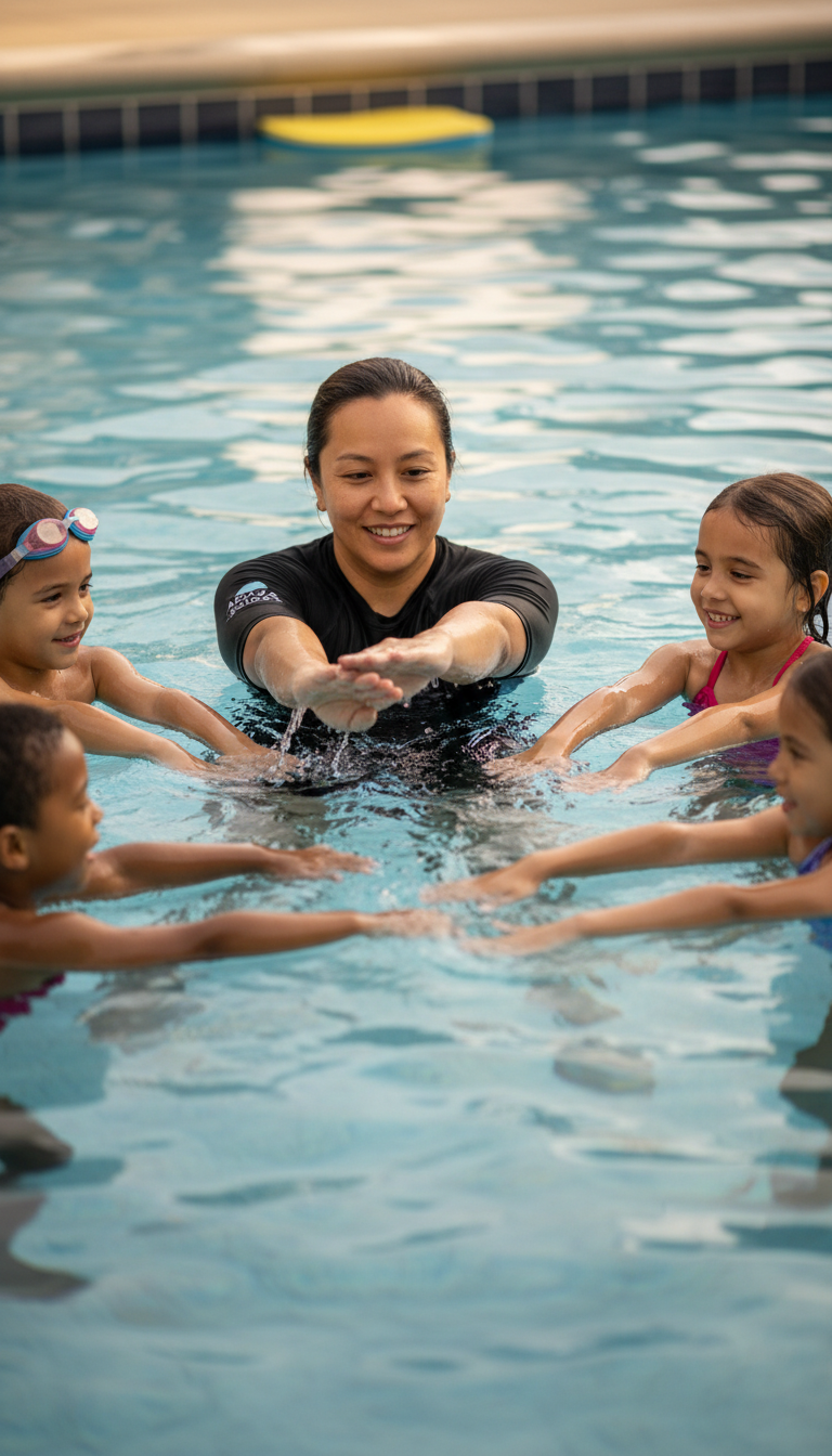 family swimming dolphins