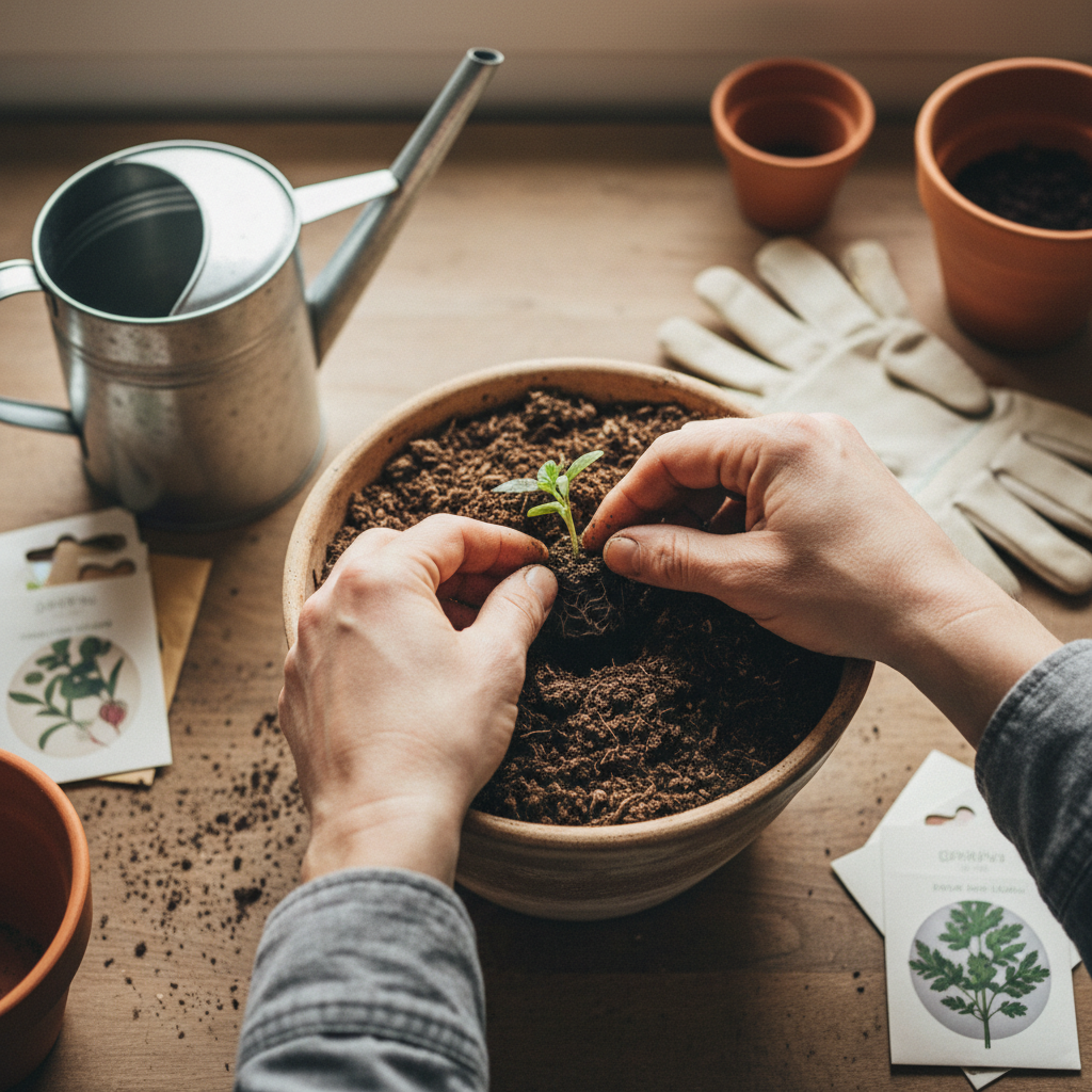Starting with high quality seeds and proper depth is the foundation of a successful Ontario harvest. Close up of hands gently pressing tomato seeds into dark potting soil inside a sunlit greenhouse setting.