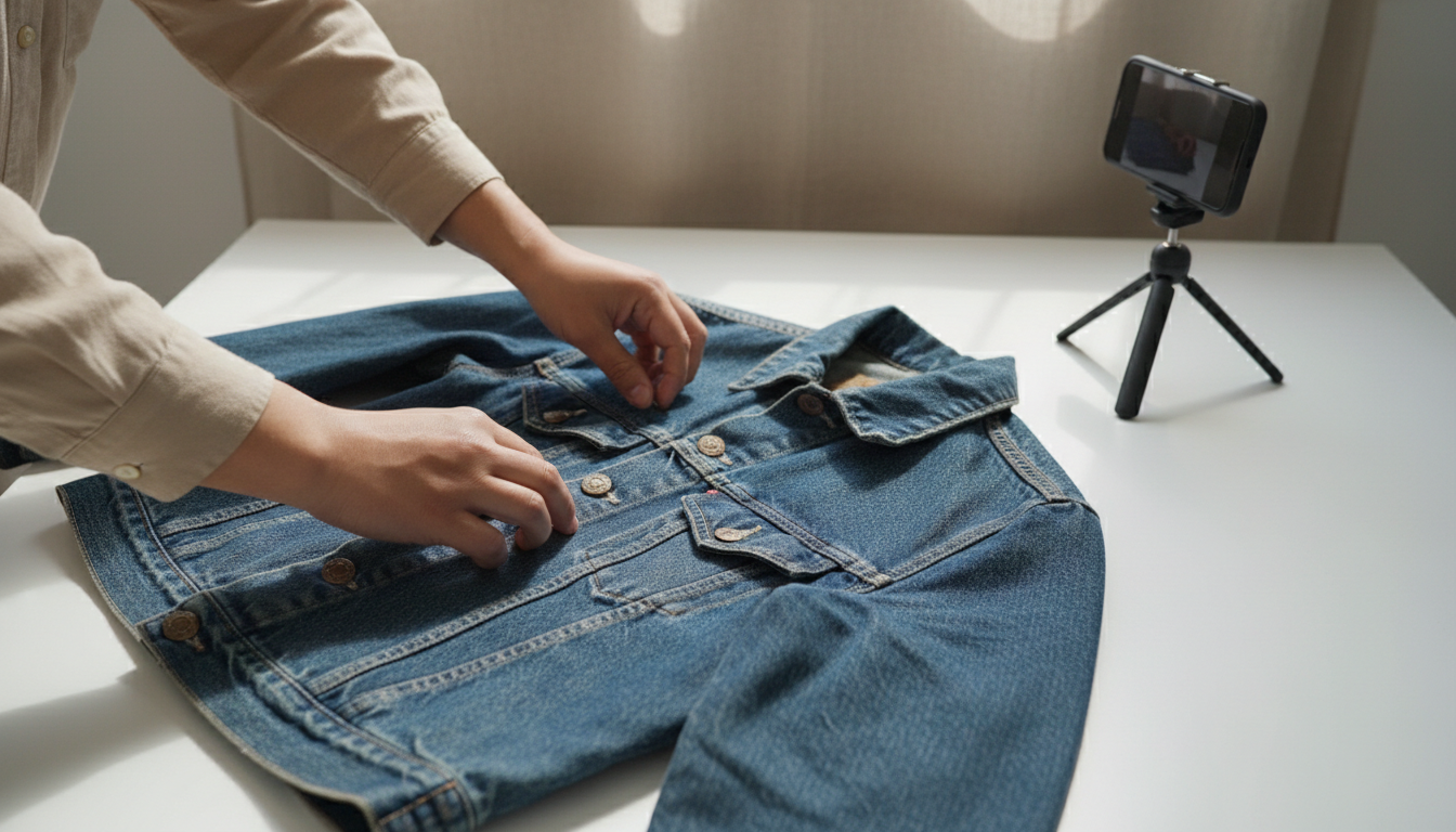 Hands styling vintage denim jacket on white surface with natural light and smartphone camera for online resale listing