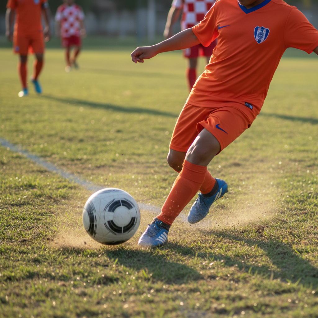 Close-up of player's foot striking soccer ball during competitive league match with motion blur