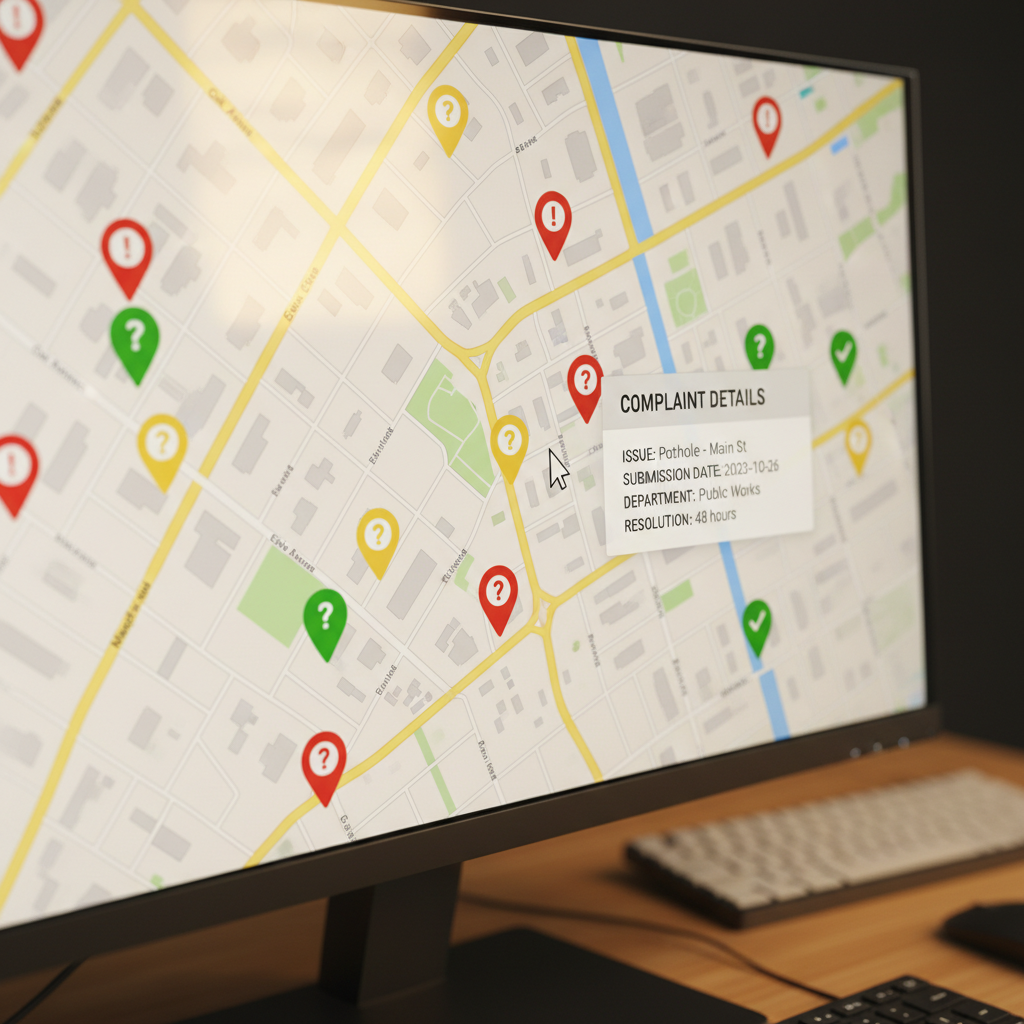 Desktop monitor displaying interactive map with color-coded complaint markers and detailed incident information popup