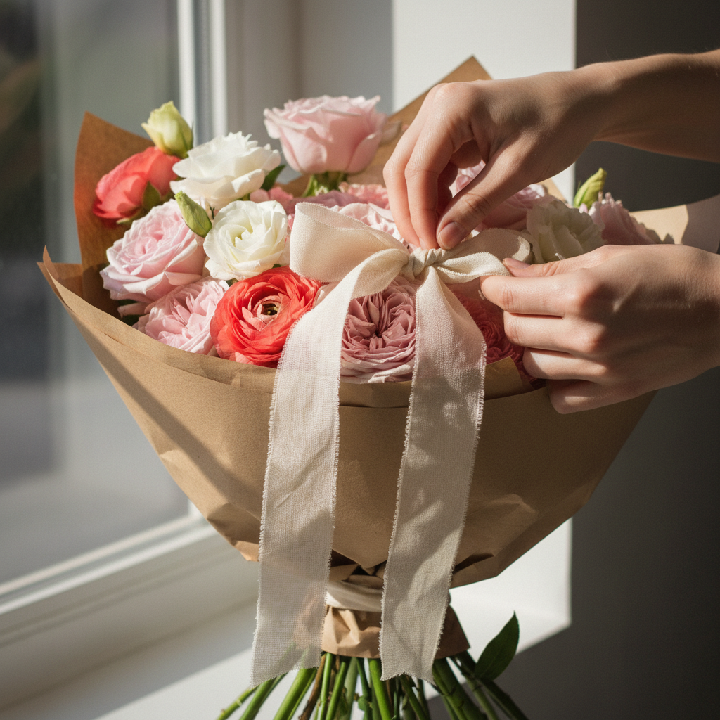 Close-up of hands wrapping a bouquet with ribbon, representing the care worth taking when buying gifts safely this Christmas in Liverpool