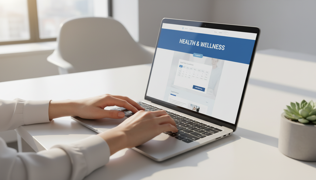 Web designer typing on laptop displaying healthcare website with appointment scheduling interface in bright office Web designer typing on laptop displaying healthcare website with appointment scheduling interface in bright office