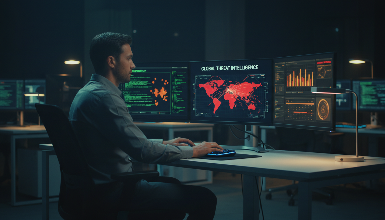 Continuous monitoring surfaces risk indicators before they escalate into breaches. Cybersecurity analyst monitoring a network threat detection dashboard with real-time alerts and data