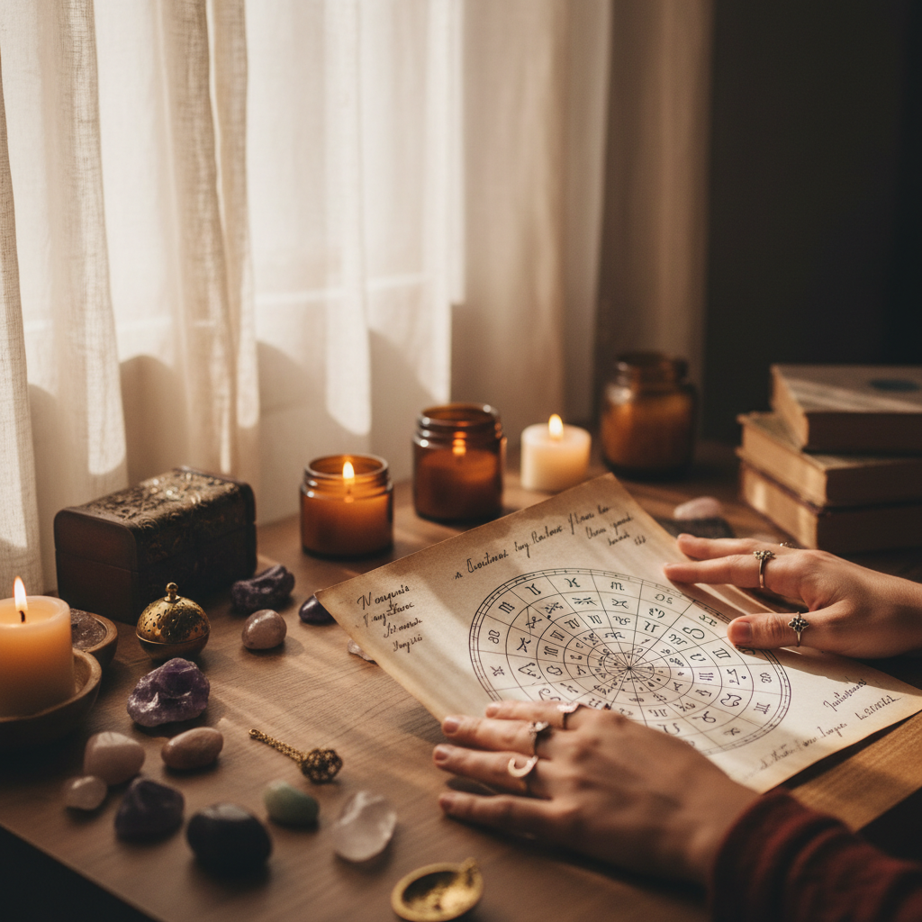 Astrologer's hands holding birth chart during consultation, soft natural window light illuminating spiritual guidance session Astrologer's hands holding birth chart during consultation, soft natural window light illuminating spiritual guidance session