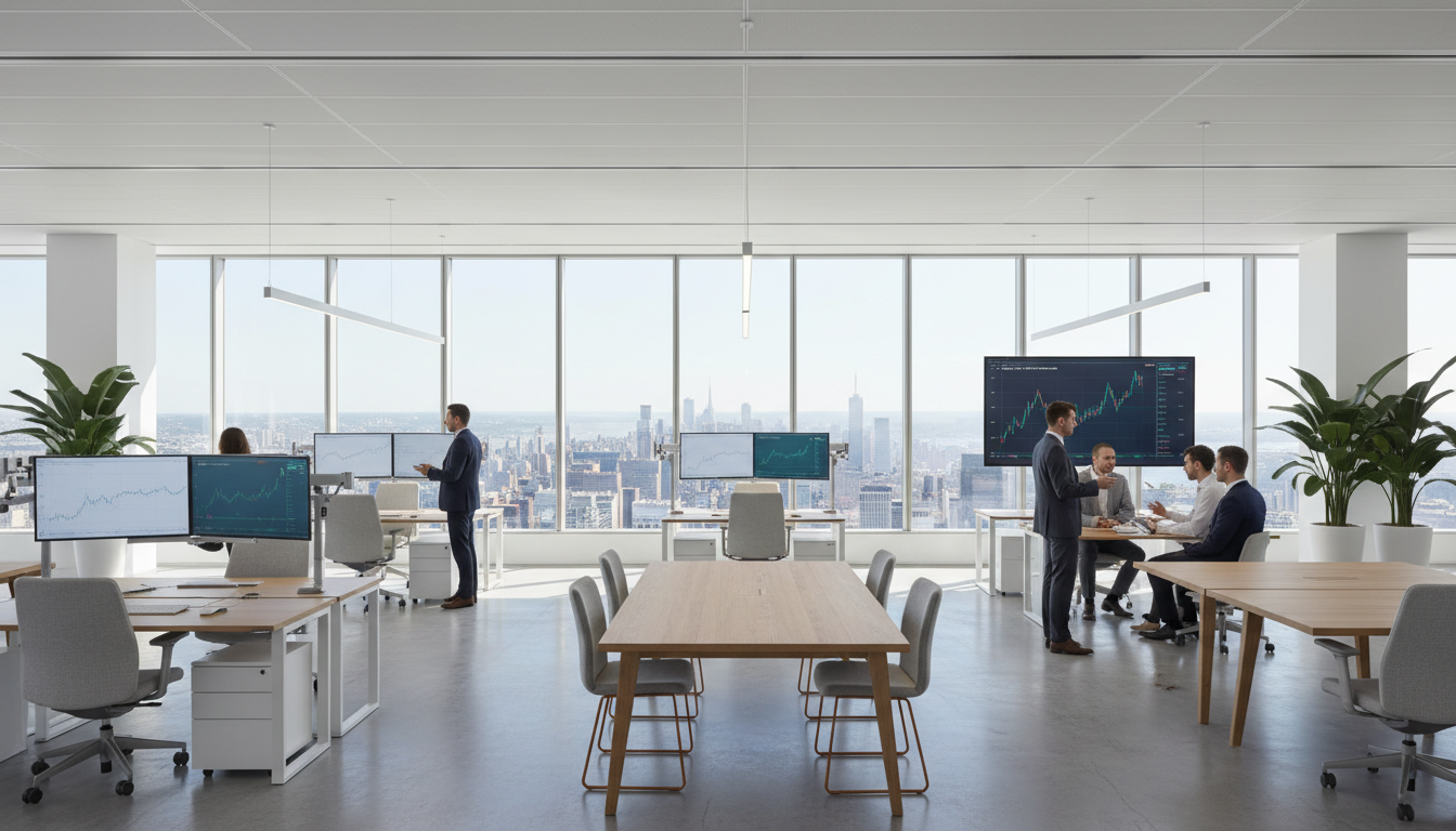 Trading floor moderno con estaciones de trabajo y monitores