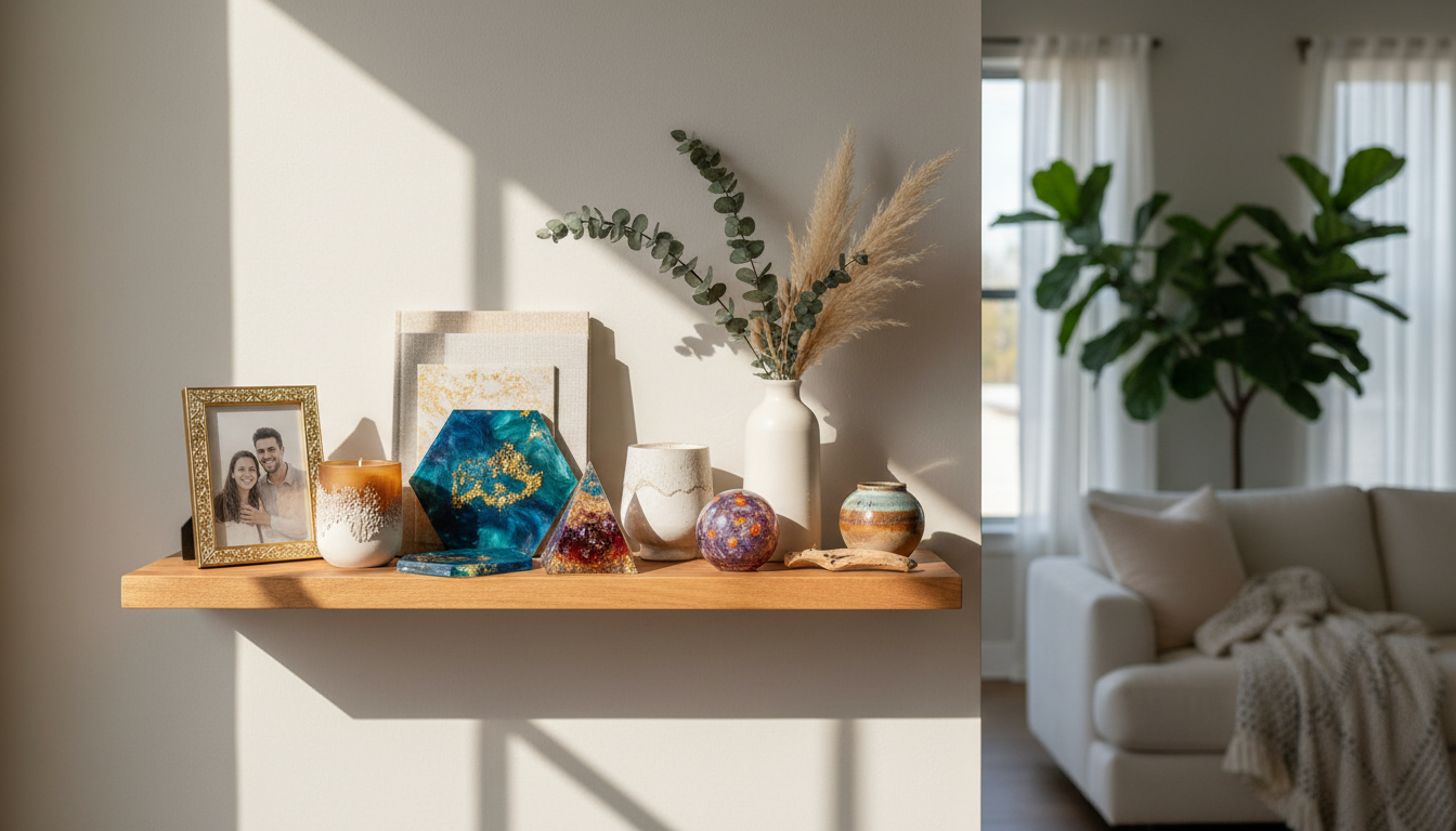 Elegantly styled home shelf displaying handcrafted resin art pieces, artisanal candles, and curated décor in natural daylight