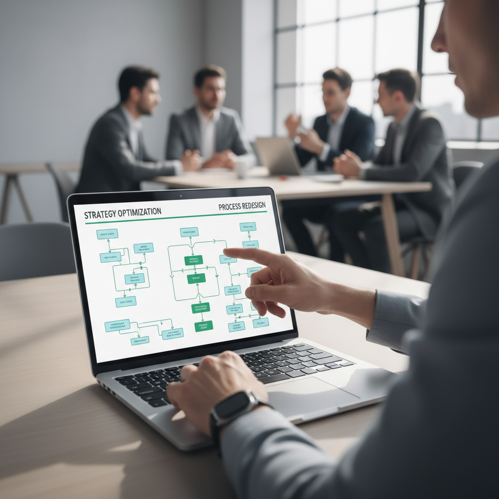 Alignment between departments is crucial to avoid common forecasting errors. An operations manager pointing at a process flow diagram on a whiteboard to explain demand planning.