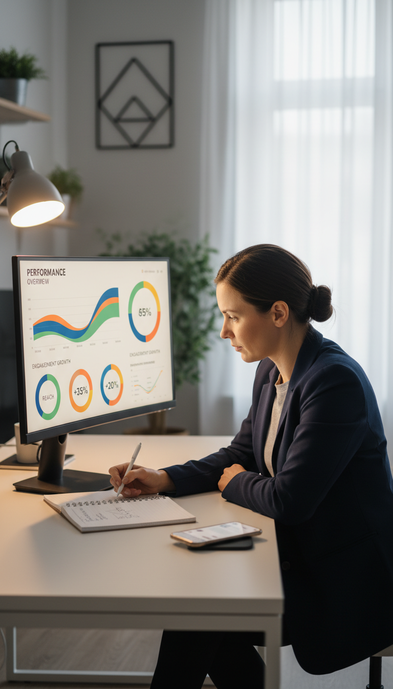 Marketing professional analyzing social media performance metrics on desktop monitor in modern minimalist workspace Marketing professional analyzing social media performance metrics on desktop monitor in modern minimalist workspace