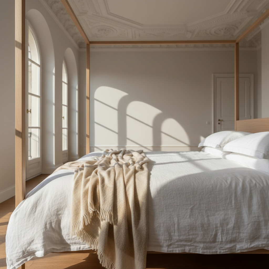 Close-up of luxury white linen bedding with cashmere throw in sunlit European apartment bedroom with arched windows Close-up of luxury white linen bedding with cashmere throw in sunlit European apartment bedroom with arched windows