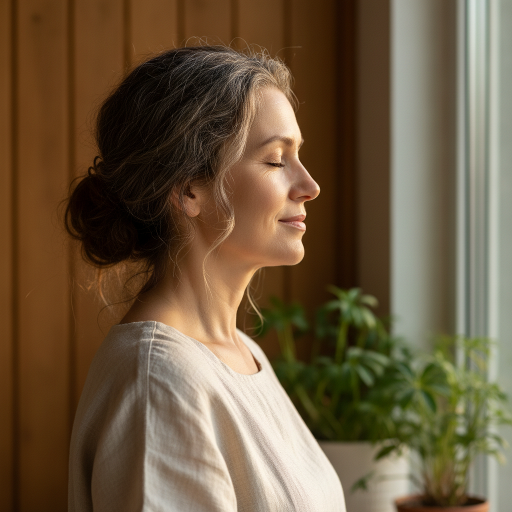 Woman in peaceful meditation with eyes closed, soft side-lighting highlighting serene facial expression
