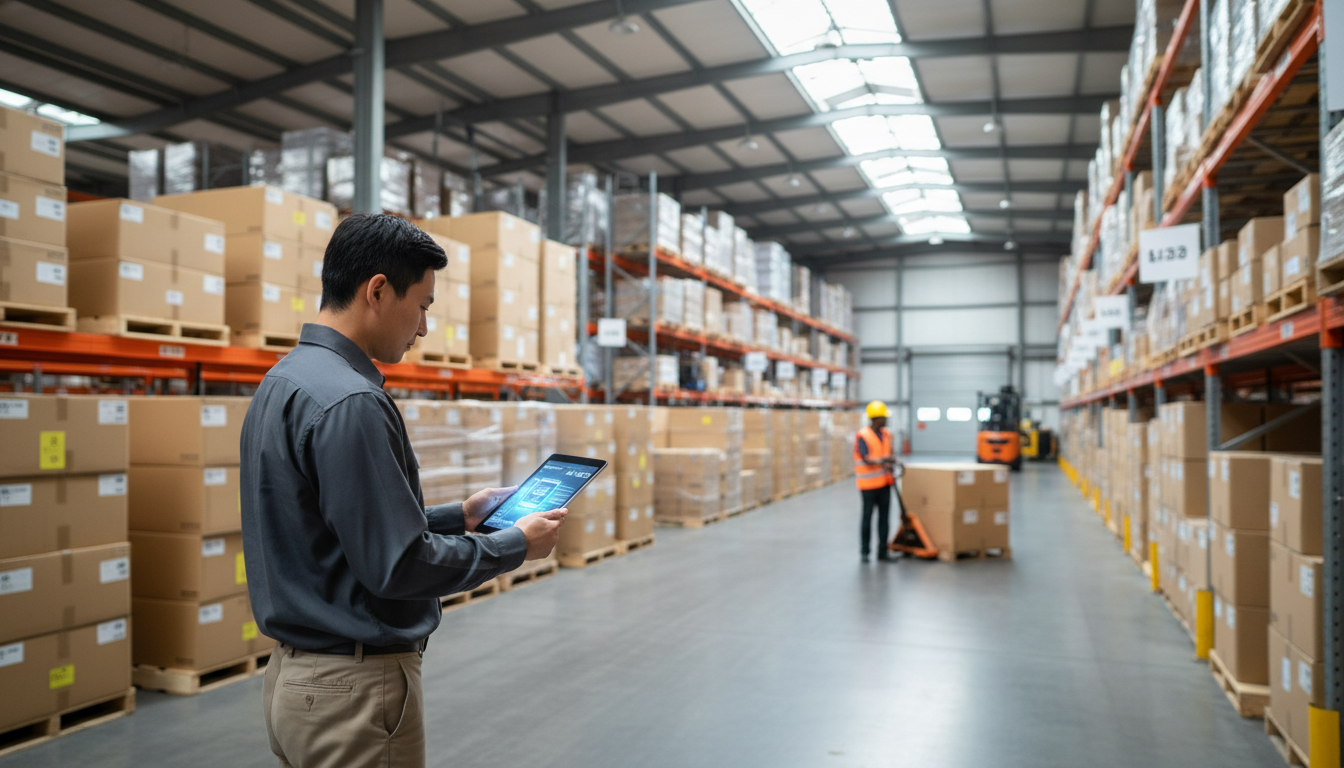 Warehouse manager reviewing inventory on tablet while standing before organized product boxes and storage racks with natural overhead lighting.