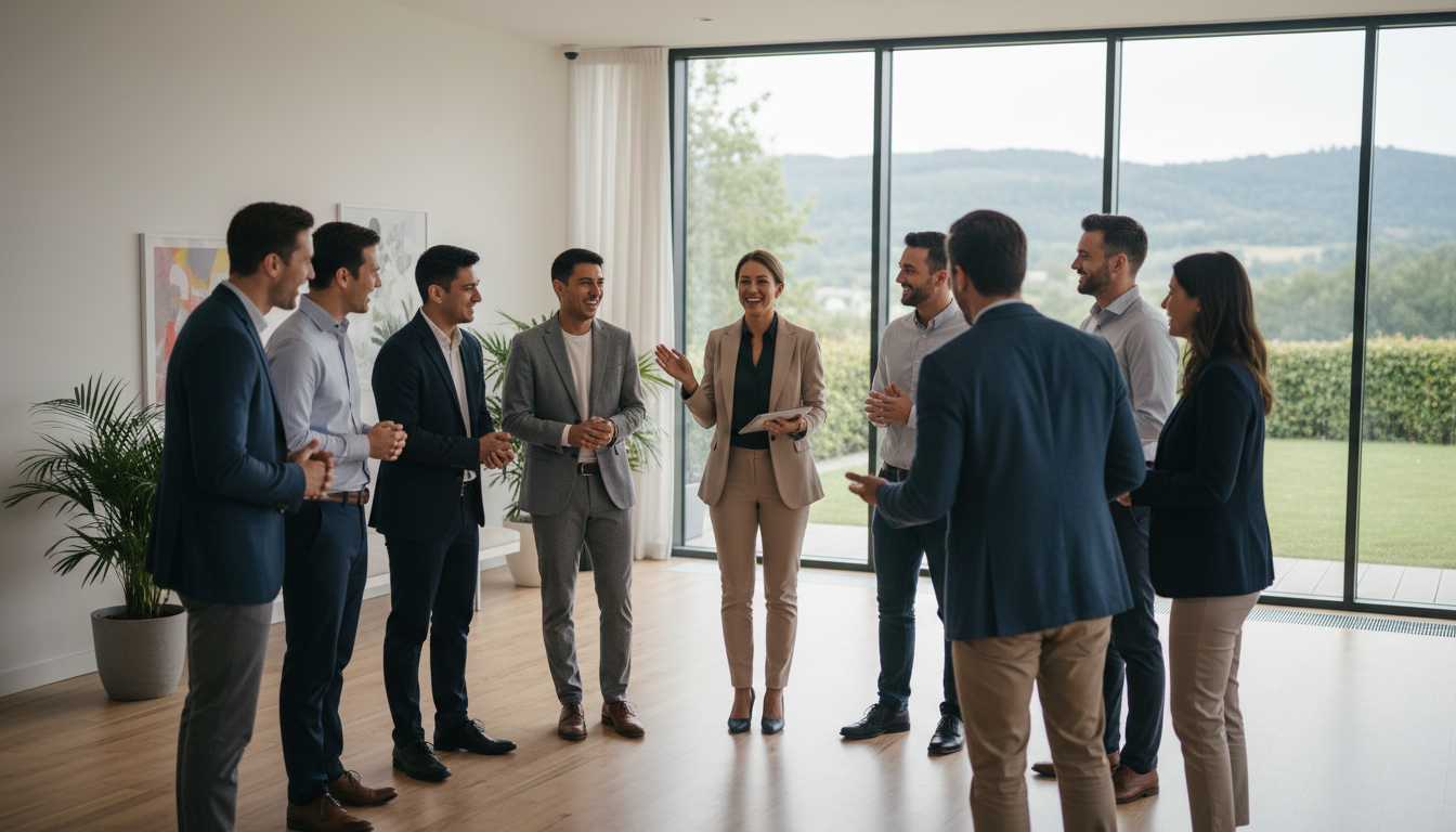Une équipe de professionnels a participé à une activité interactive de cohésion d'équipe dans un lieu de séminaire moderne bénéficiant d'un éclairage naturel Une équipe de professionnels a participé à une activité interactive de cohésion d'équipe dans un lieu de séminaire moderne bénéficiant d'un éclairage naturel