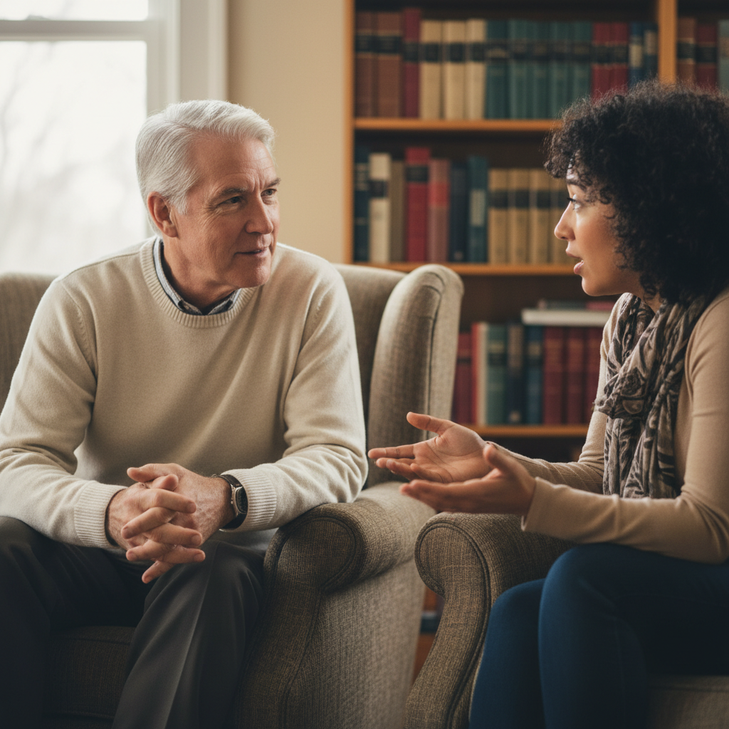 Experienced ministry mentor listening intently to younger clergy member in warm, comfortable conversation setting