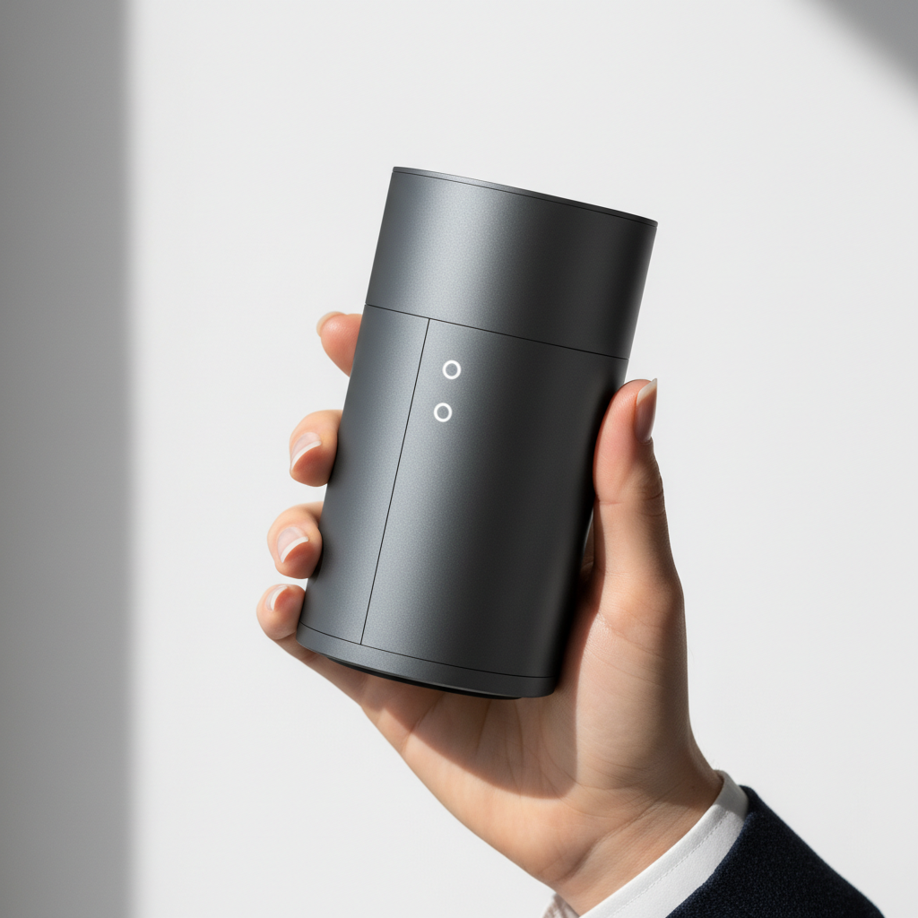 Minimalist smart home device held in hand against white background, showcasing sleek industrial design and LED indicators