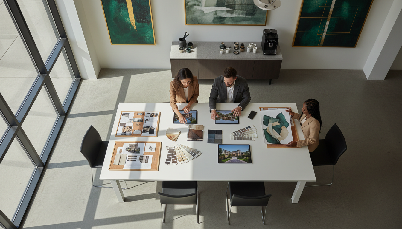 Luxury real estate team collaborating around table with design samples, mood boards, and property renderings in modern creative studio Luxury real estate team collaborating around table with design samples, mood boards, and property renderings in modern creative studio