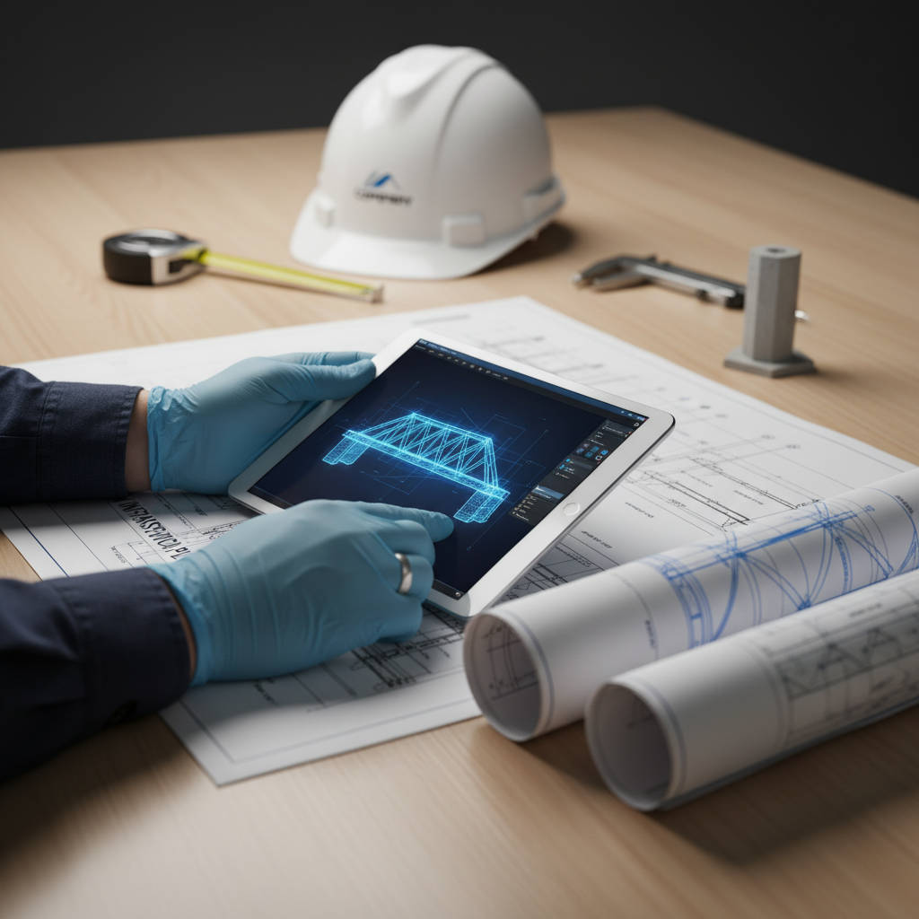 Engineer reviewing technical blueprints and 3D design software on tablet in professional workspace