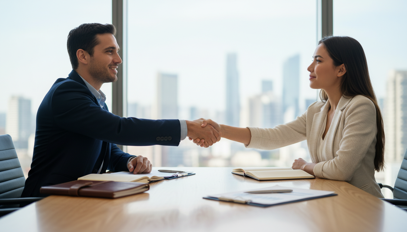 A buy-sell agreement ensures a smooth transition of ownership for California partnerships. Two professional business partners in a meeting room agreeing on a contract or partnership deal.