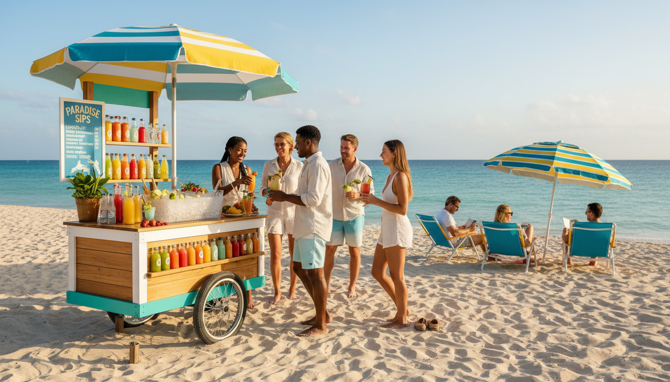 Mobile beverage cart on beach with vendor serving diverse customers near lounging sunbathers and ocean