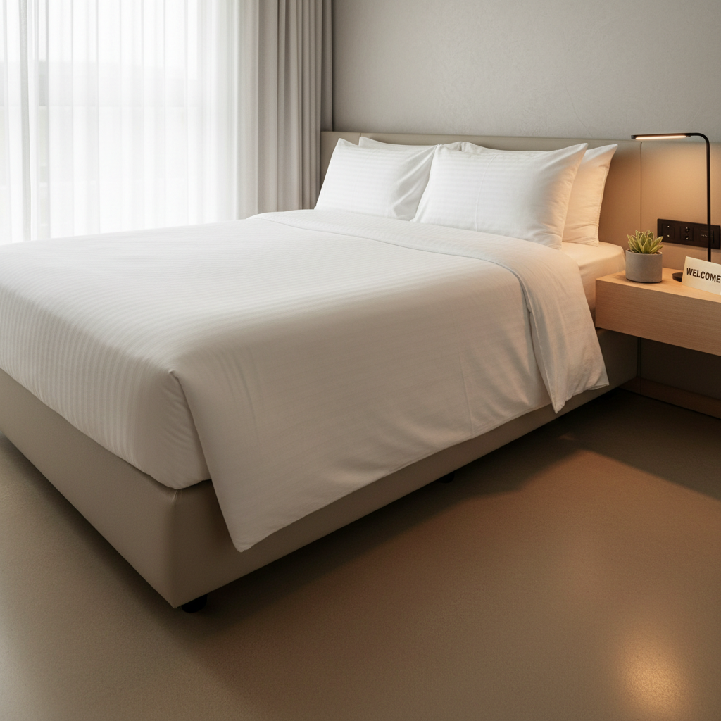 Hotel guest room corner with neatly made bed, succulent plant, and morning sunlight creating soft shadows on white linens Hotel guest room corner with neatly made bed, succulent plant, and morning sunlight creating soft shadows on white linens