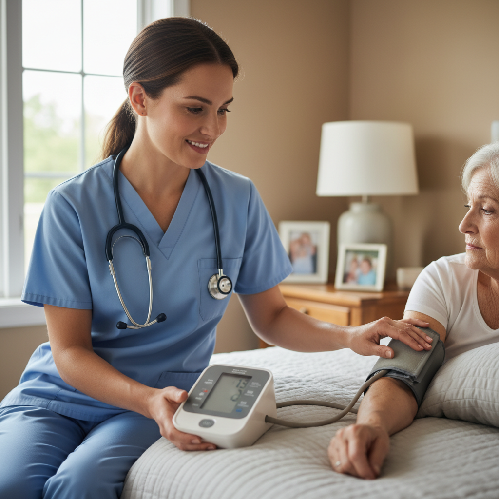 Nurse checking senior patient's blood pressure at home with digital monitor during one-on-one care session