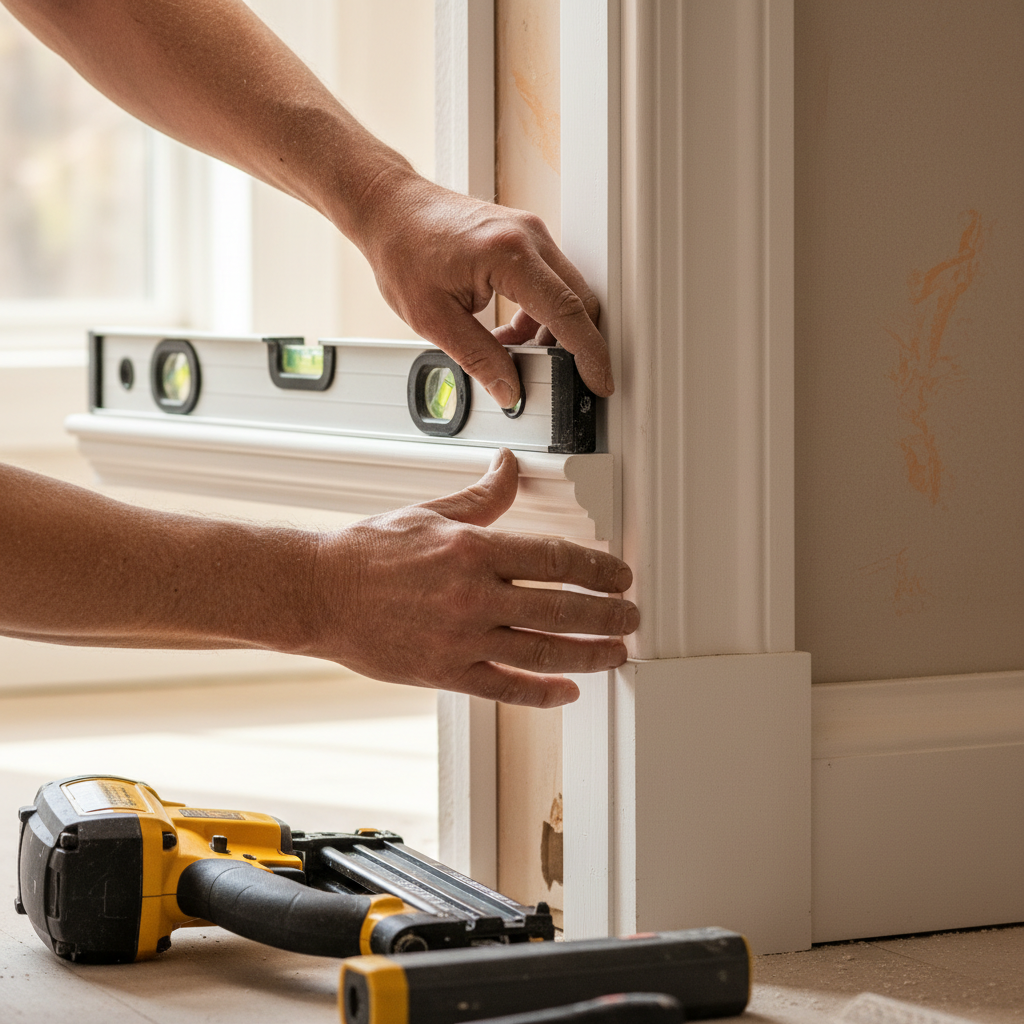 Meticulous trim work deserves a finish that highlights the craftsmanship. Detailed shot of white baseboard trim with a smooth, professional semi-gloss paint finish.