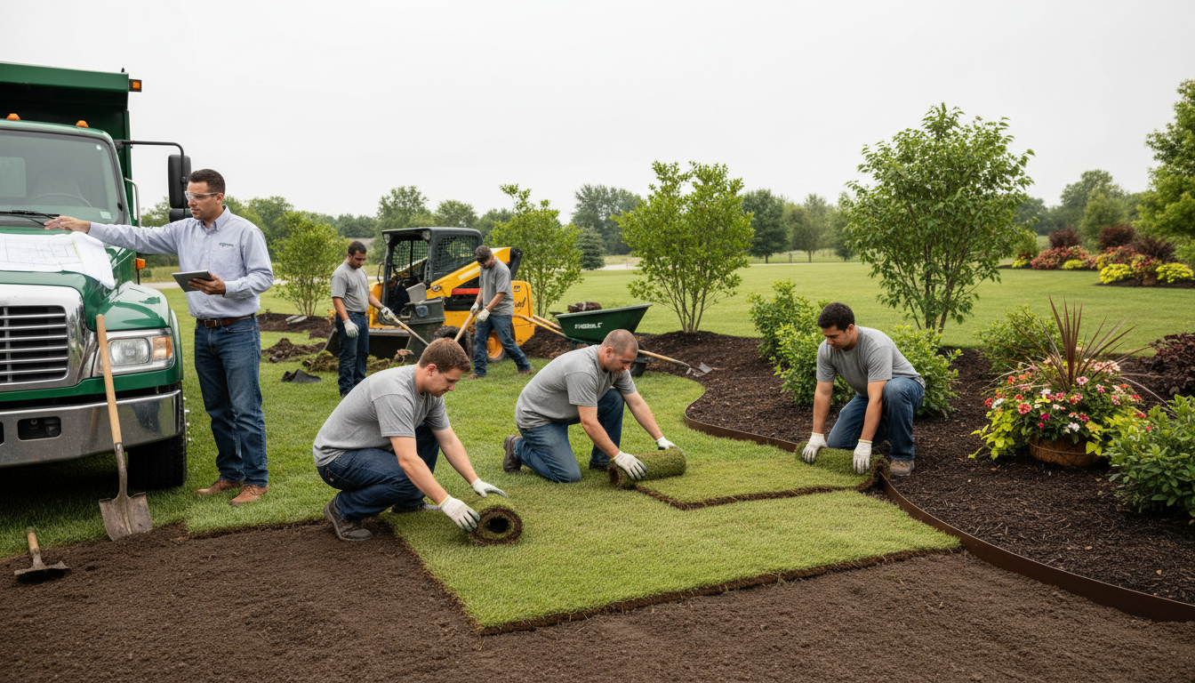 Proper seed-to-soil contact is the foundation of a thick, healthy Tennessee lawn. A landscaping team spreading grass seed and raking soil in a sunny backyard during the peak seeding season.