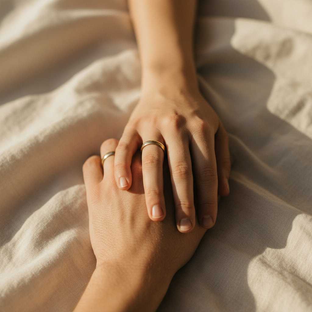 Two hands gently intertwined on soft linen fabric with warm golden hour lighting