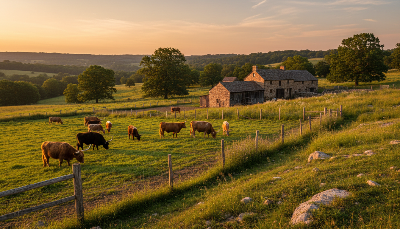 Heritage cattle grazing in sunlit pasture with traditional farm buildings and rolling hills at golden hour