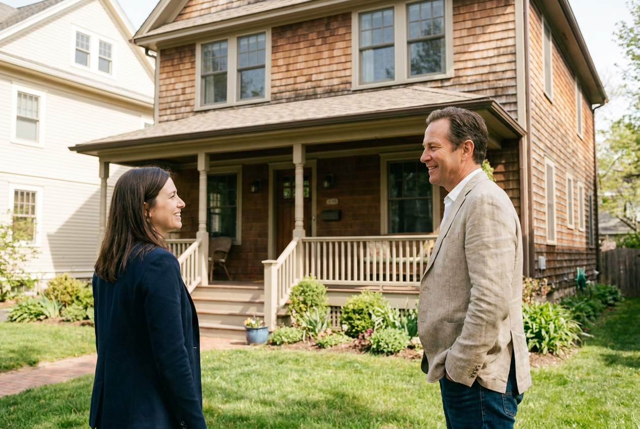 A smiling couple stands in their front yard, looking at each other with a traditional family home in the background.
