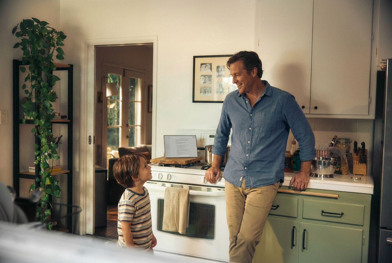 Discussing a family safe phrase in person is the most effective way to prevent voice cloning fraud. A family having a serious but calm conversation at home, representing the creation of a safe phrase.