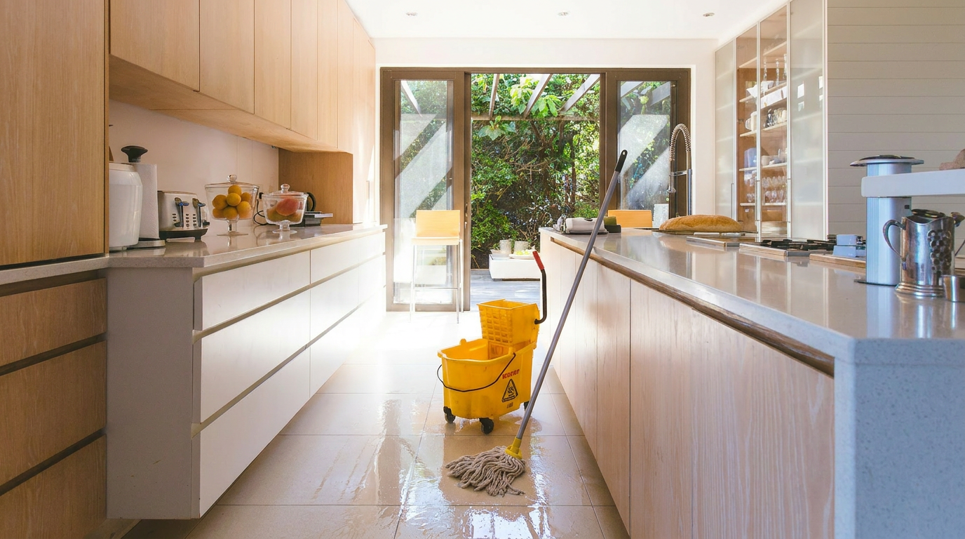 A modern, bright kitchen with light wood cabinets and countertops, featuring a prominent yellow mop bucket and a mop on a wet, freshly cleaned tiled floor, leading to large glass doors overlooking a lush green garden.