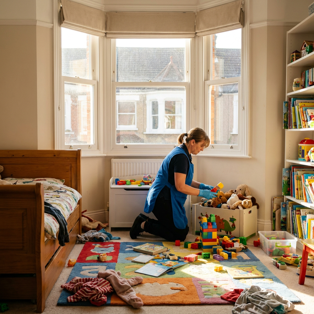 A professional cleaner in a blue uniform and gloves kneels on the floor of a messy child's room, organizing toys into a storage box near a large bay window. A professional cleaner in a blue uniform and gloves kneels on the floor of a messy child's room, organizing toys into a storage box near a large bay window.