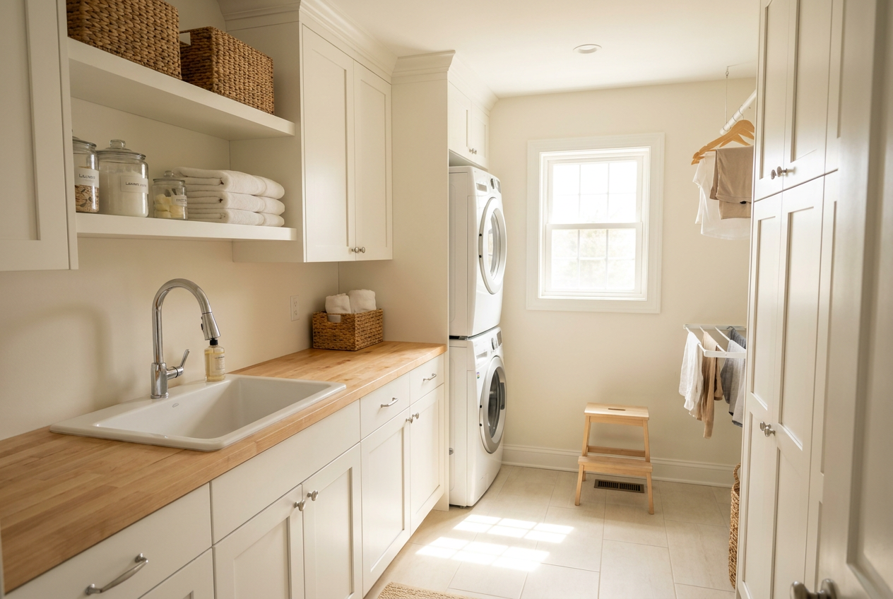 Local weather patterns like Missouri's mud season require specific floor care strategies. A clean, organized mudroom with sparkling tile floors, ready for Kansas City weather transitions.
