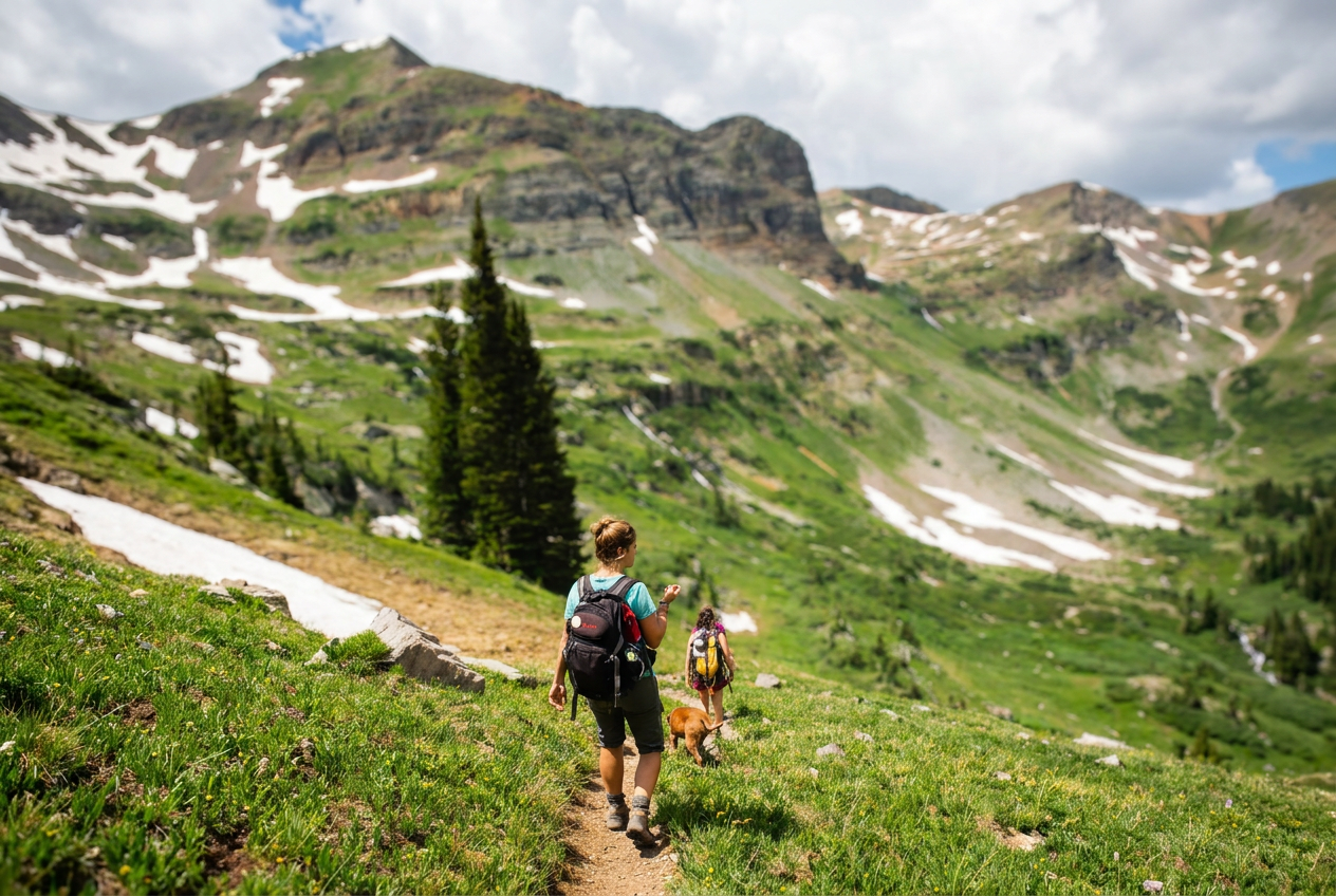 Hikers descending a dirt trail toward rugged mountains under a bright sky