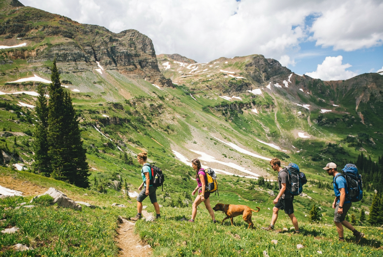 Group of hikers and a dog crossing a grassy mountain slope with snow-capped peaks beyond
