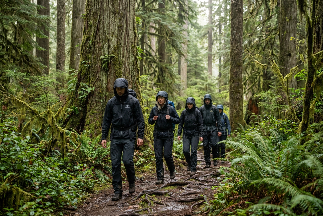Adventure group hiking through dense temperate rainforest on a muddy trail