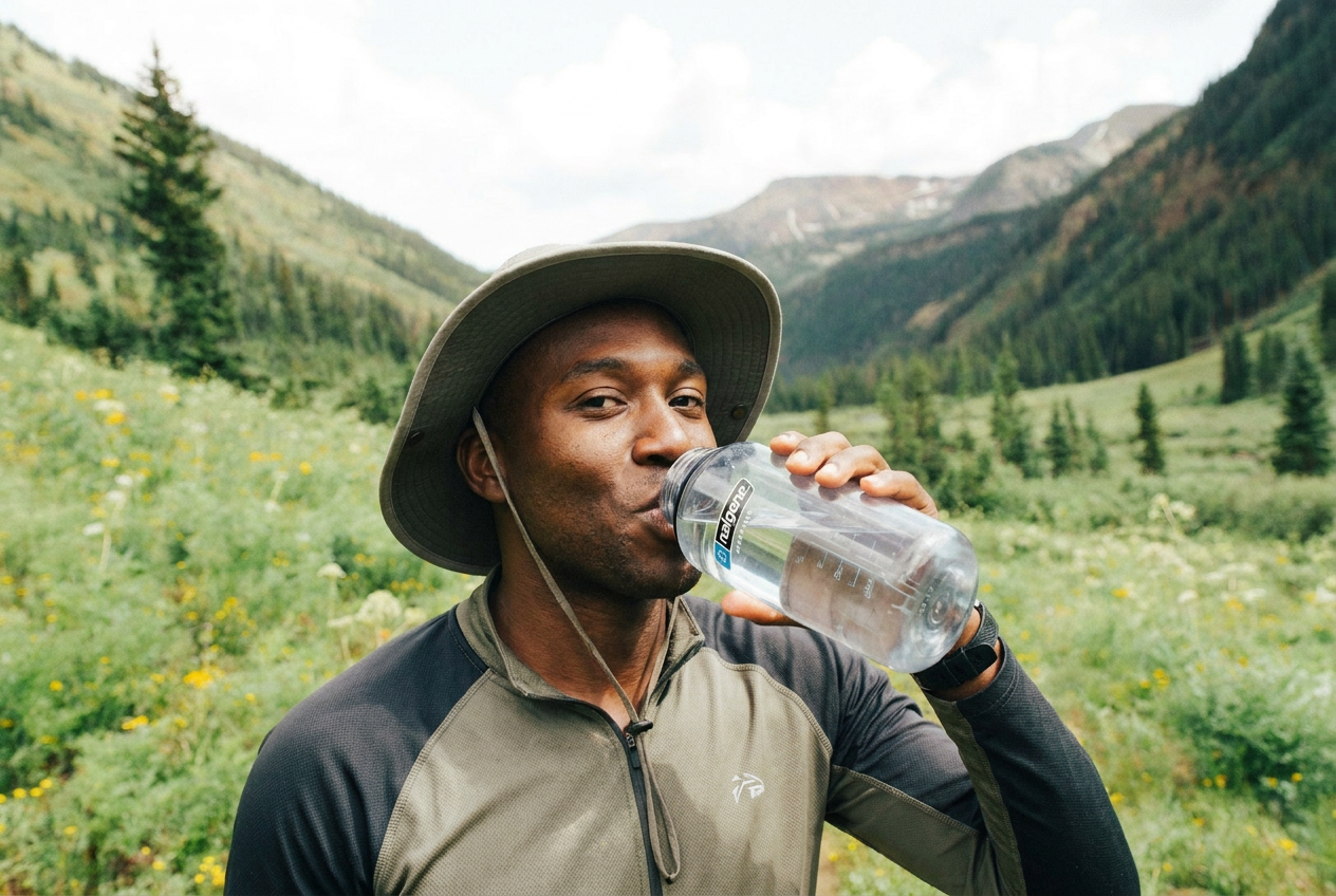 Daniel Reyes taking a water break while hiking through a wildflower-filled mountain valley