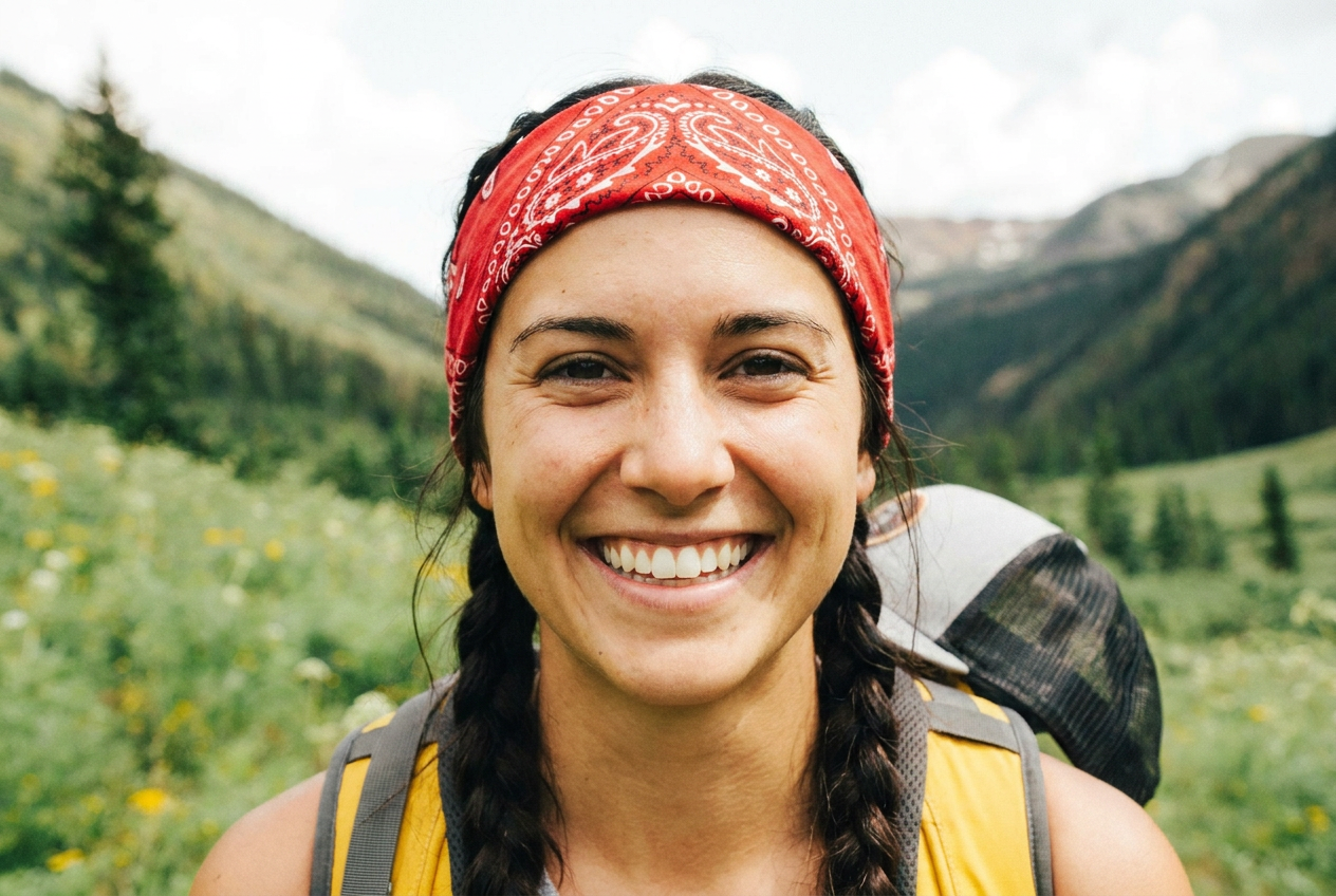 Clara Wong smiling on a mountain trail in hiking gear with a scenic valley behind her