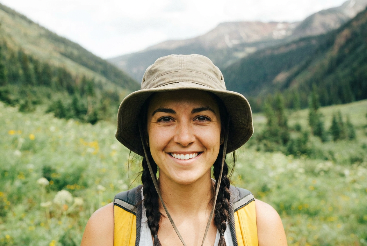 Two hikers with backpacks and a dog walking a mountain trail through a green alpine valley