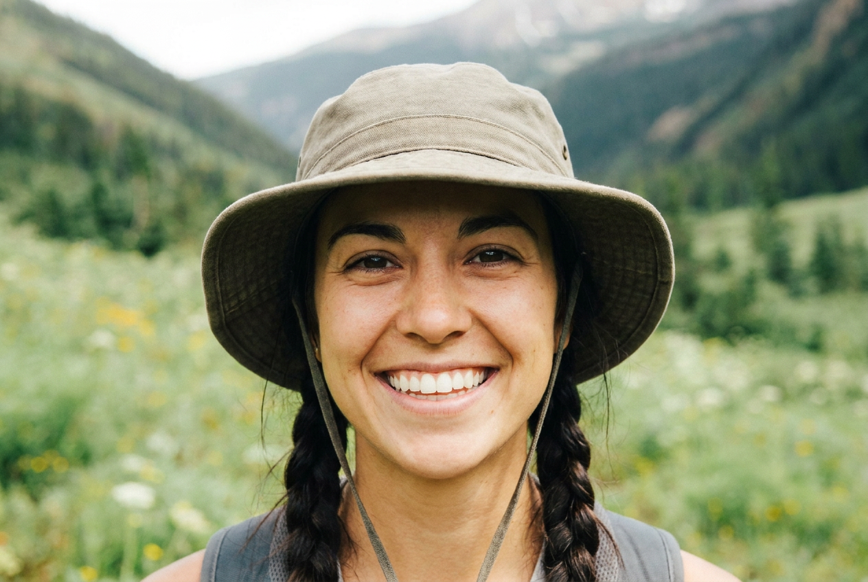 Maya Patel smiling in a sun hat with a mountain valley backdrop