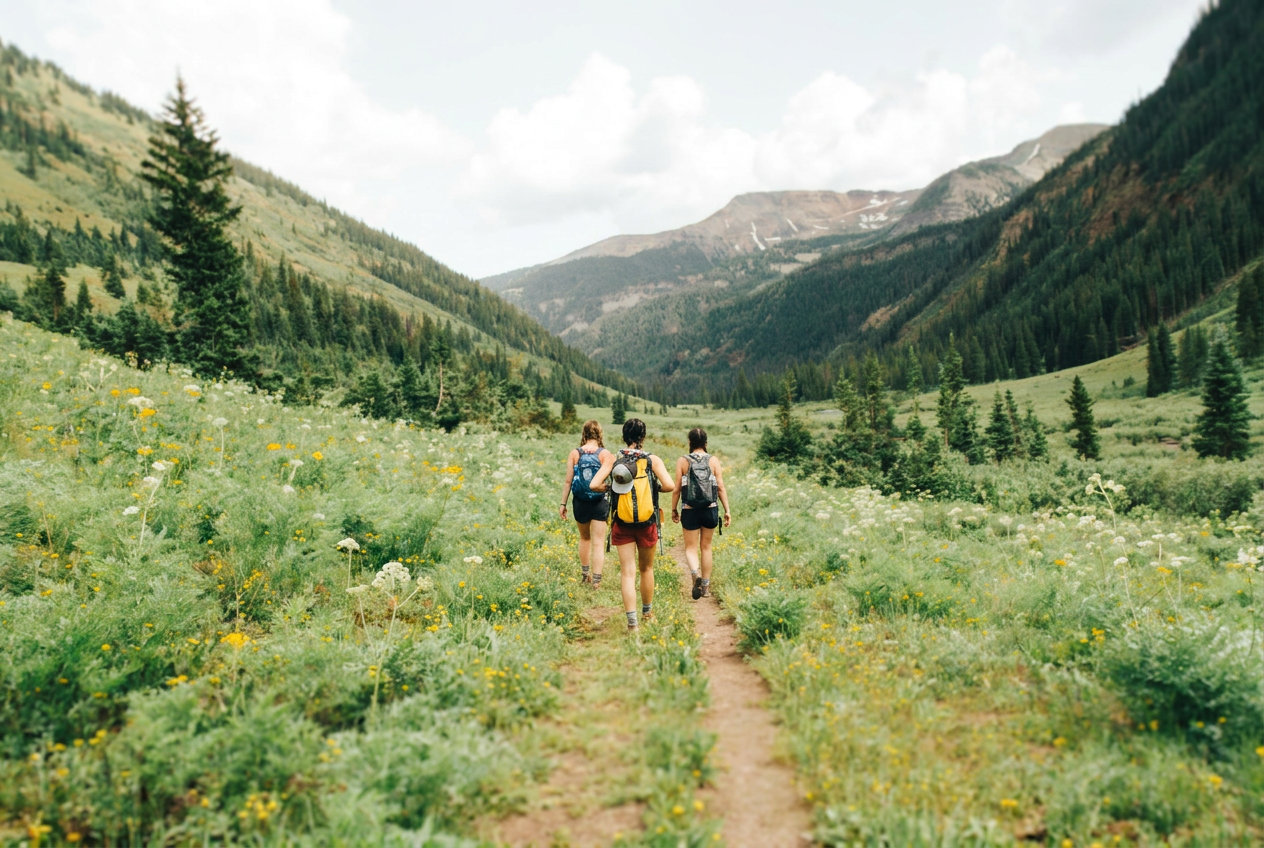 Guided hiking group in outdoor gear walking a root-filled trail through a mossy forest