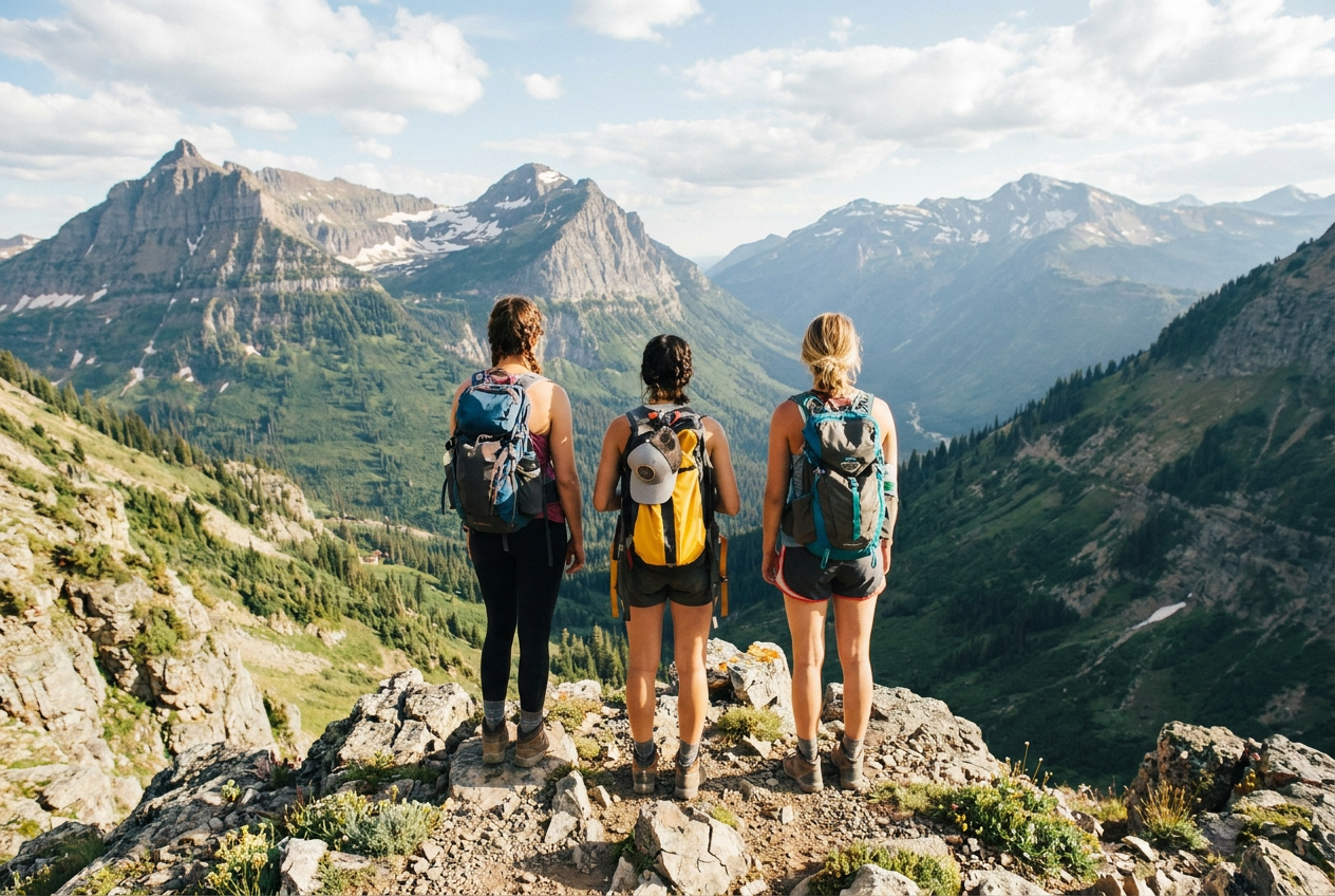 Hikers in technical gear trekking single-file through a lush fern-lined forest
