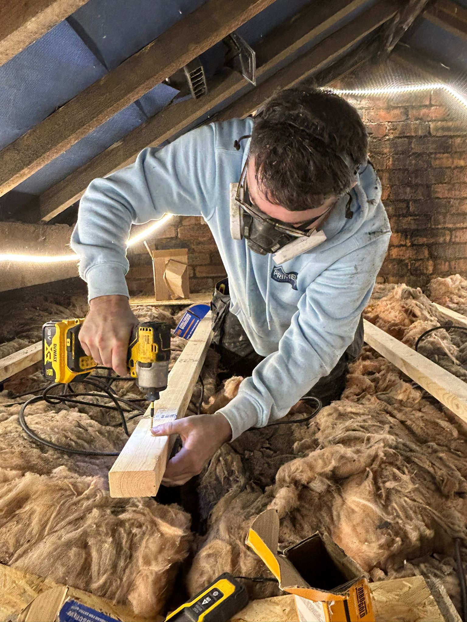 Professional installation ensures boards are raised above insulation to maintain energy efficiency. A professional installer fitting loft boarding in an attic space with thick insulation layers visible.