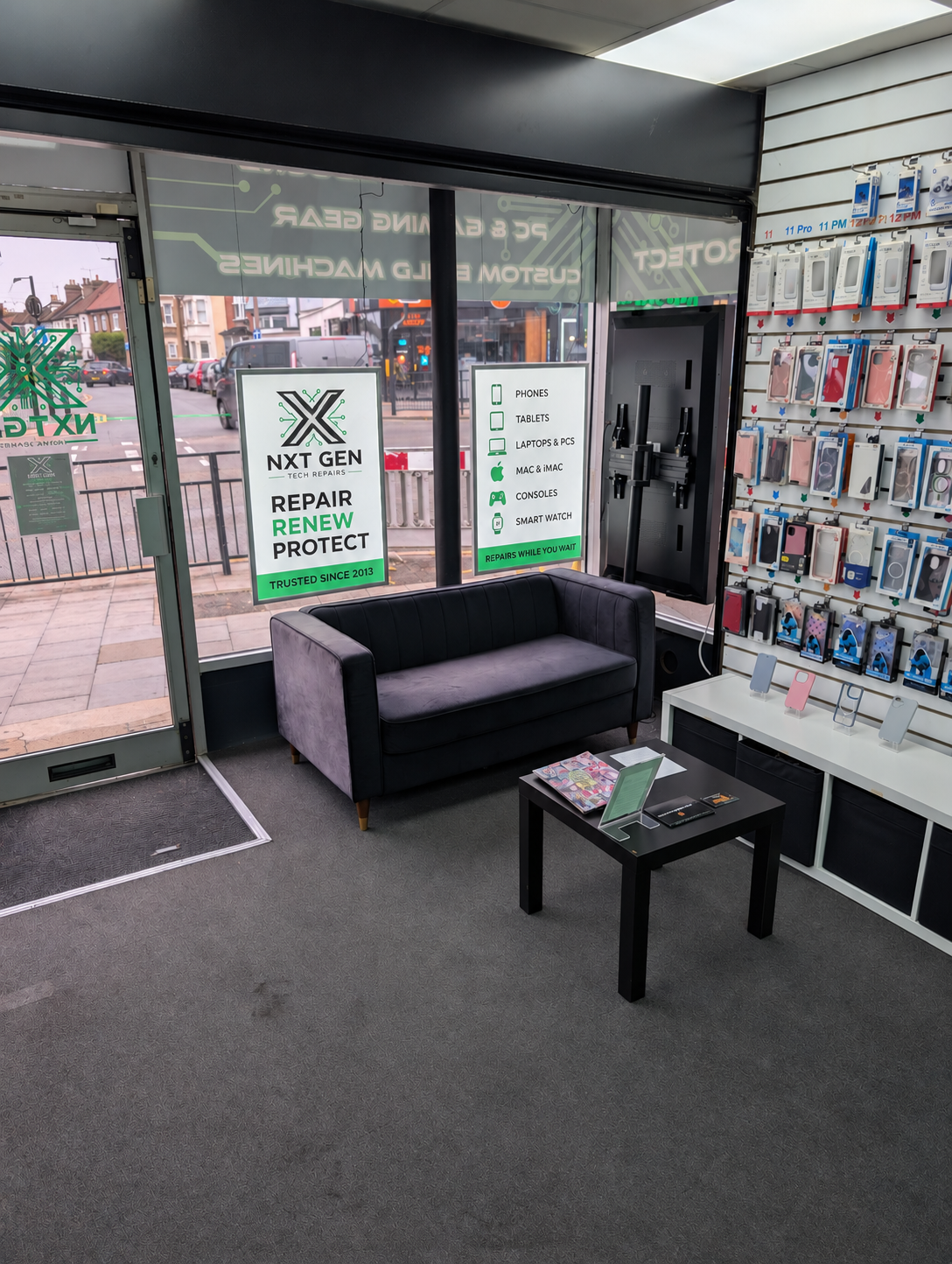 Comfortable sofa and waiting area inside NXT GEN Tech Repairs in Leigh-on-Sea