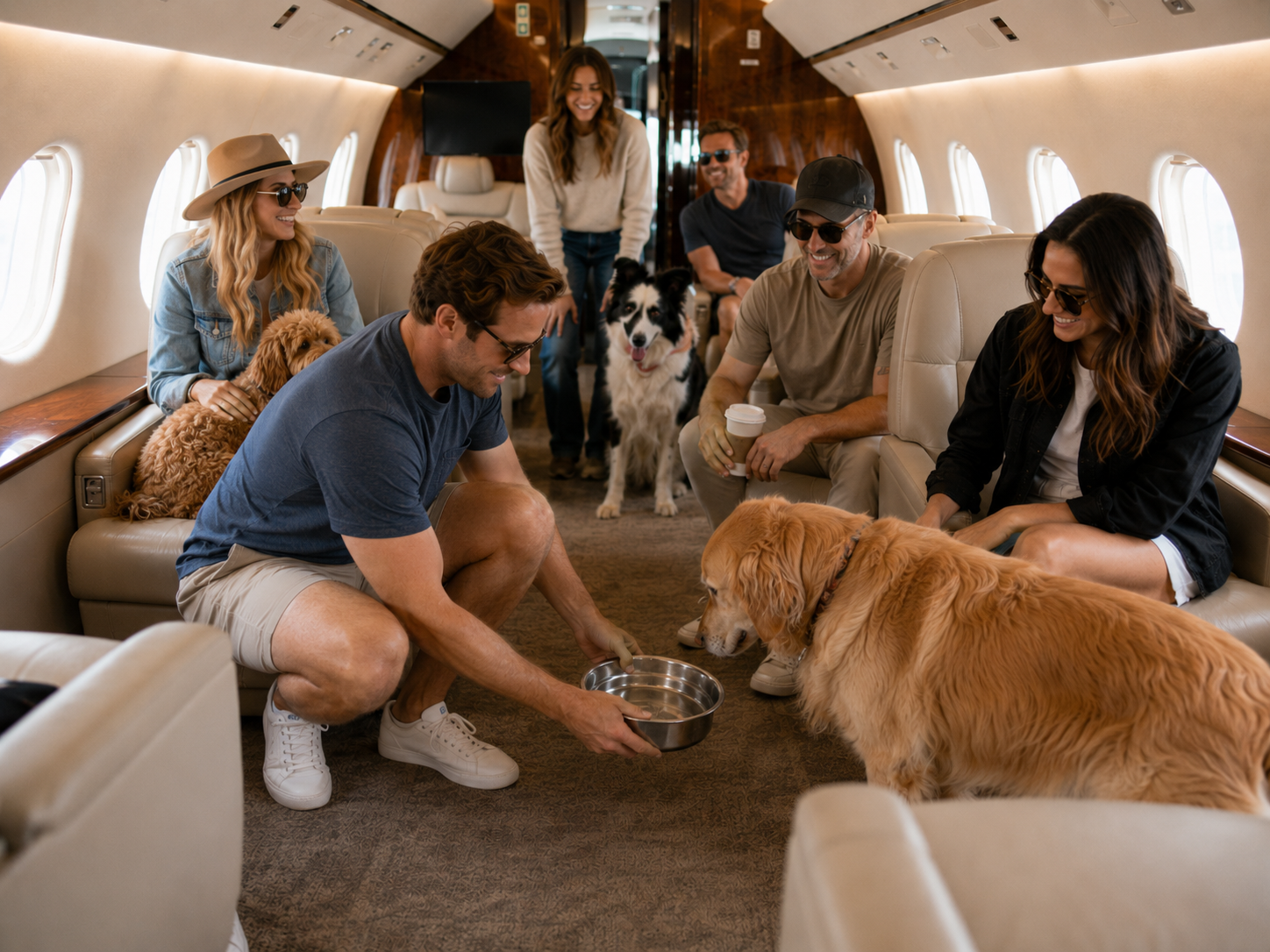 Friends and dogs relax in a private jet; man offering water to a golden retriever.