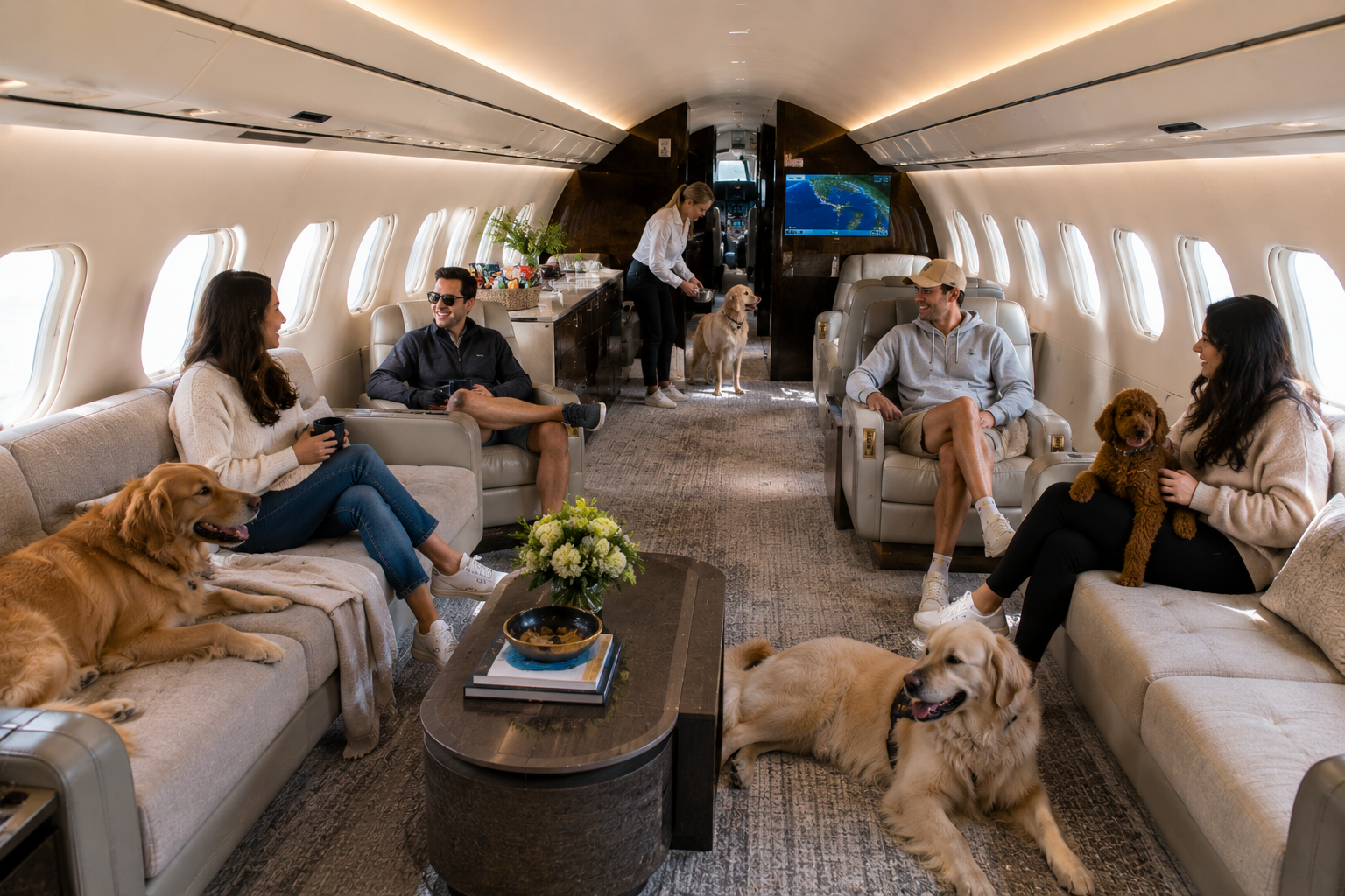 Passengers and golden retrievers relax in the spacious, luxury cabin of a private jet.