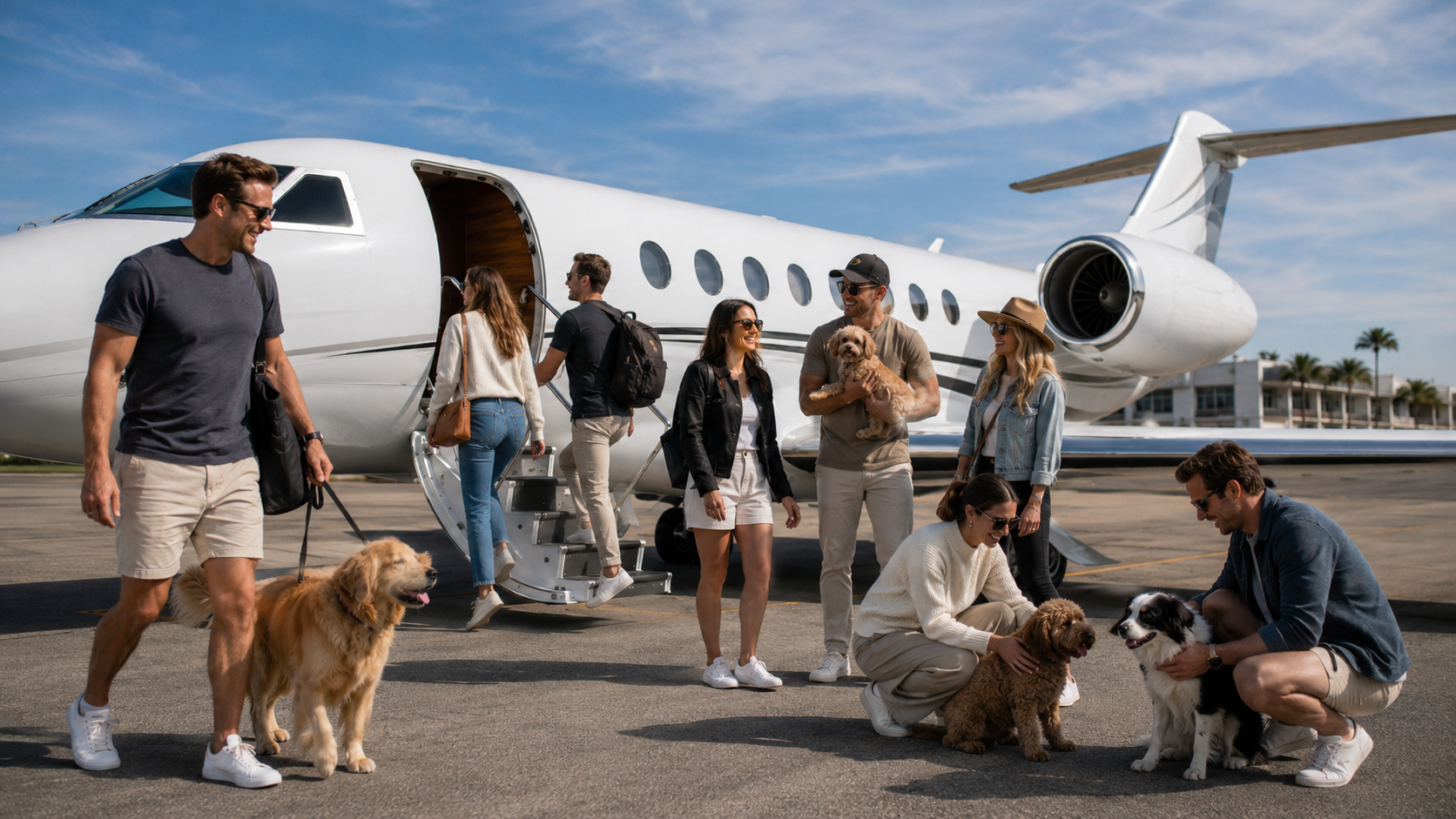 Group of friends and their dogs boarding a white private jet on a sunny tarmac.