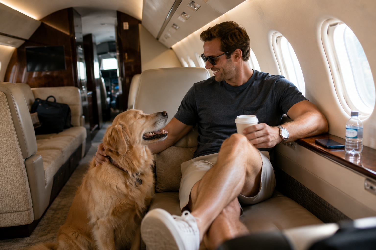 Smiling man in sunglasses sits with his golden retriever inside a luxury private jet.